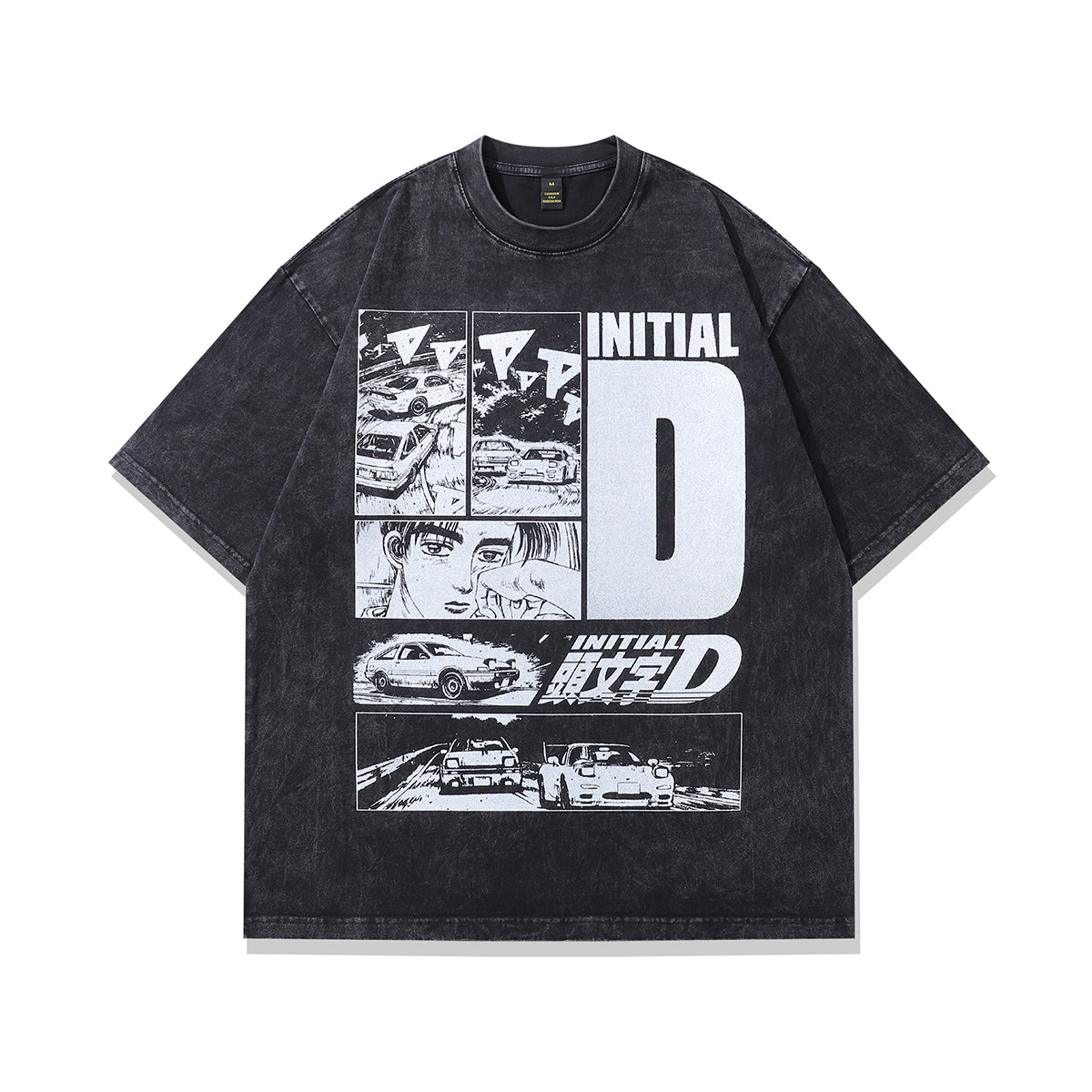 Black white anime t-shirt racing cartoon tee Japanese top in vintage grey