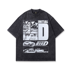 Black white anime t-shirt racing cartoon tee Japanese top in vintage grey