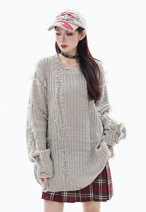 Ripped sweater knitted distressed jumper shredded top grey