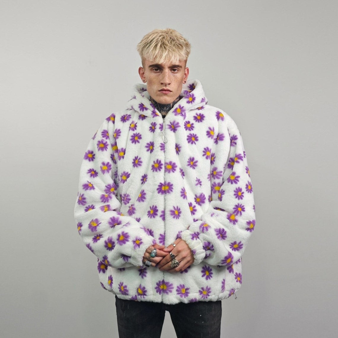 Floral fleece jacket white daisy print bomber fluffy sunflower pullover handmade rave festival overcoat grunge fuzzy hoodie