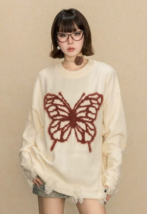 Ripped sweater cream butterfly jumper grunge knitted top