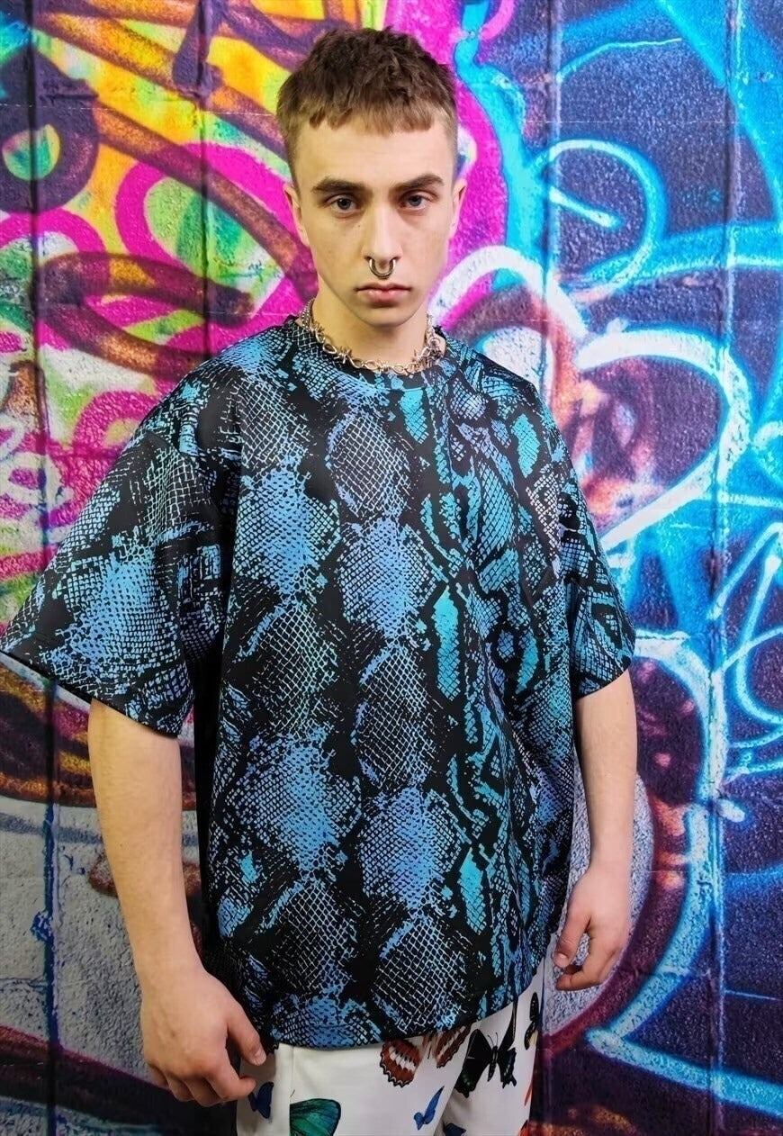 Snake print tee handmade python t-shirt rave top in blue