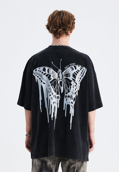 Butterfly print t-shirt moth tee retro gothic top acid grey