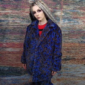 Leopard fleece coat handmade 2in1 tie-dye trench jacket blue