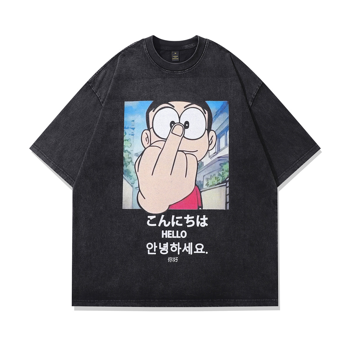 Middle finger t-shirt anime tee boy print top in vintage grey