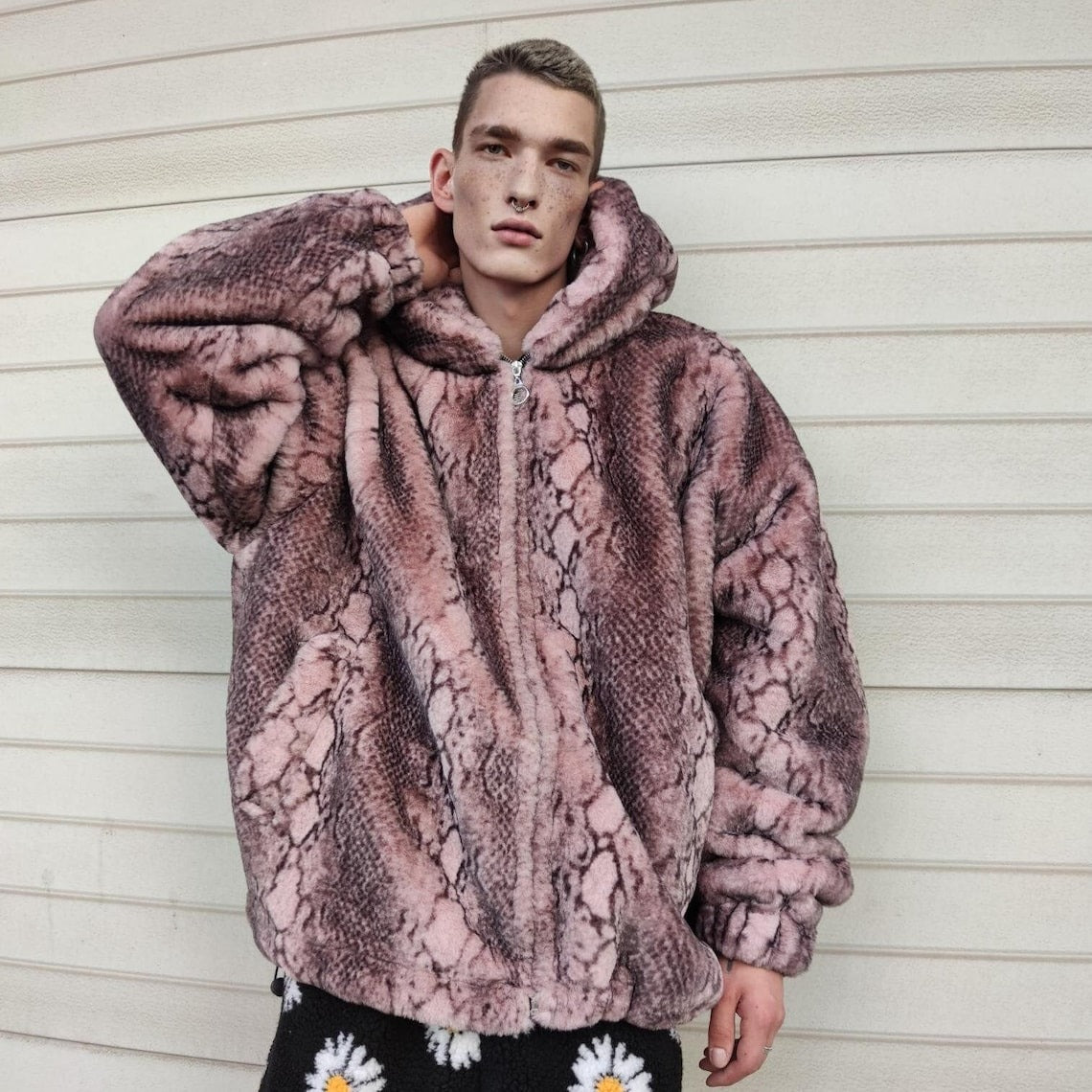 Luxury snake jacket faux fur python print bomber handmade fluffy catwalk fleece puffer premium grunge hooded coat in pastel pink black