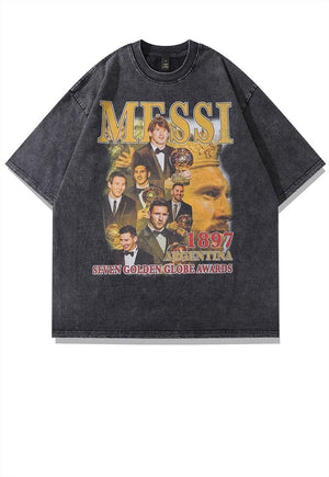 Messi print t-shirt sports tee retro football top in grey