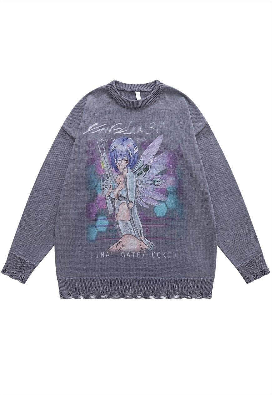 Anime girl sweater Manga knit distressed Kawaii jumper grey