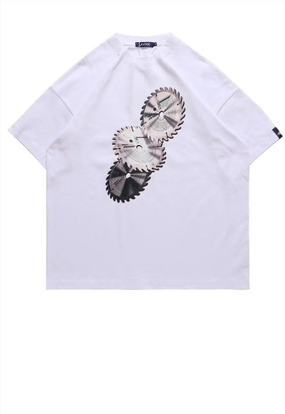 Disc print t-shirt retro saw tee grunge CD top in white