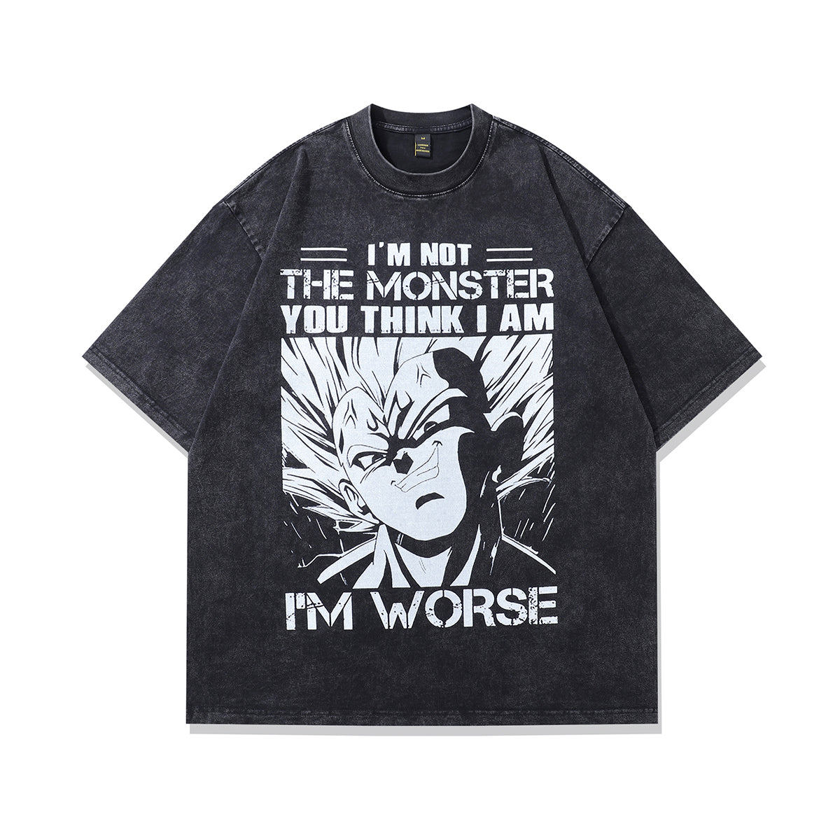 Anime t-shirt monster slogan tee y2k Japanese cartoon top in vintage grey