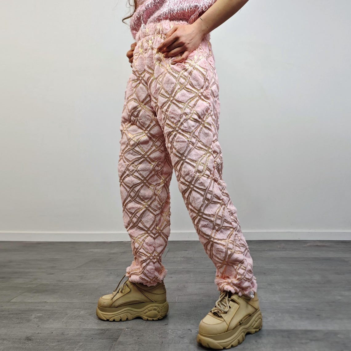 Glitter joggers pink track pants gold embellished trousers metallic hotpants fleece rave overalls sports set burning man outfit festival