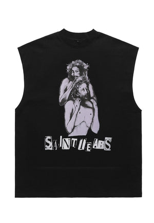 Jesus print tank top surfer vest retro sleeveless t-shirt