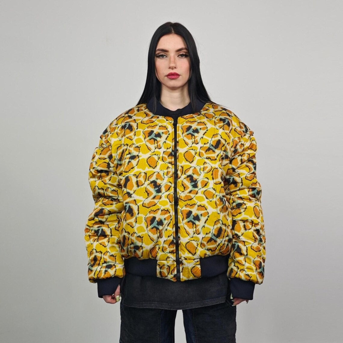 Animal print bomber yellow giraffe jacket reversible college varsity detachable sleeves handmade grunge raver coat festival puffer