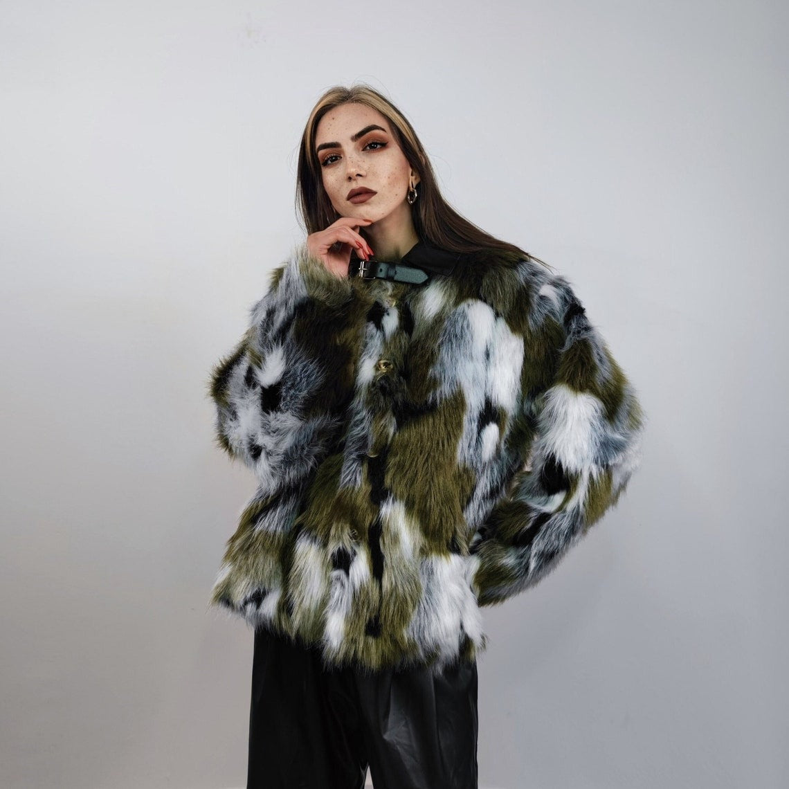 Short jacquard fur jacket green shaggy mink coat fuzzy going out military bomber party fleece fancy dress fluffy peacoat army camo overcoat