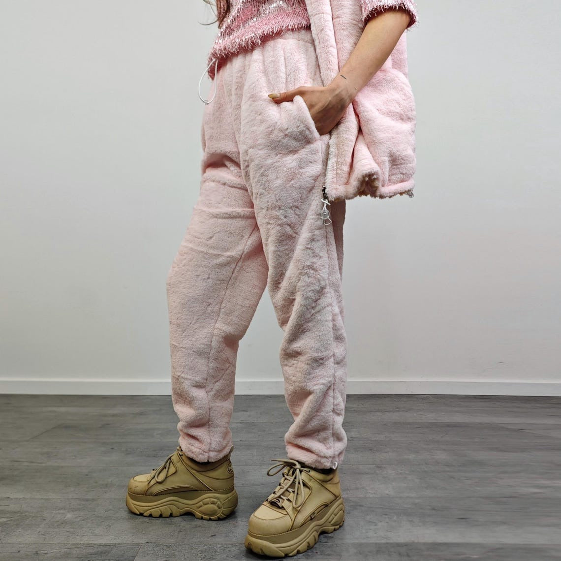 Pastel pink faux fur joggers ski pants fleece trousers retro rave overalls fluffy bottoms festival set burning man outfit winter hotpants