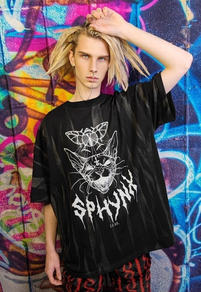 Sphynx tshirt premium vintage wash Egypt cat tee acid black