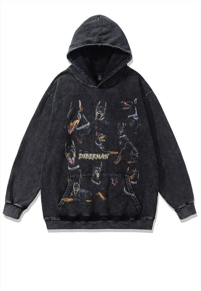 Doberman hood Y2K dog top retro animal pullover vintage grey