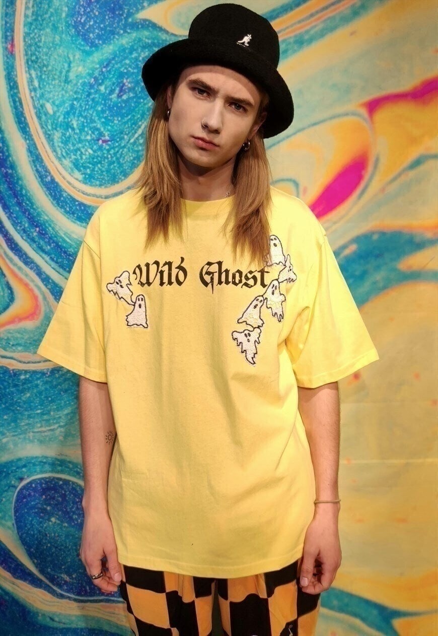 Ghost patch t-shirt flock Casper cartoon mesh tee in yellow