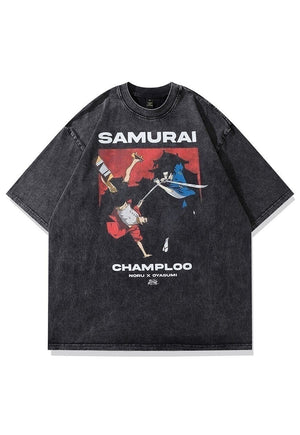 Samurai t-shirt old Japanese tee retro anime top in grey