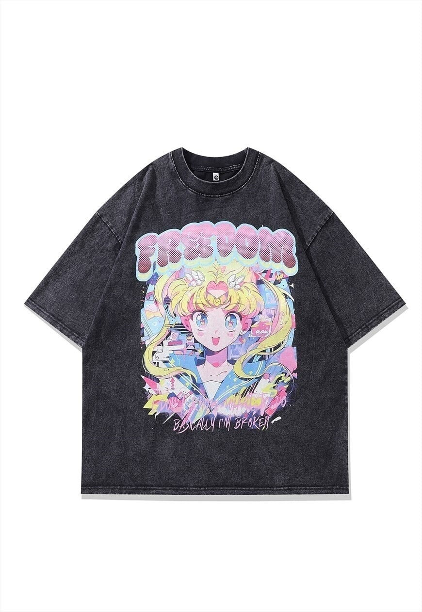 Anime print t-shirt retro Japanese top grey