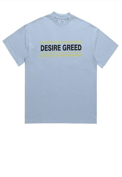 Greed t-shirt grunge tee retro slogan raver top in blue