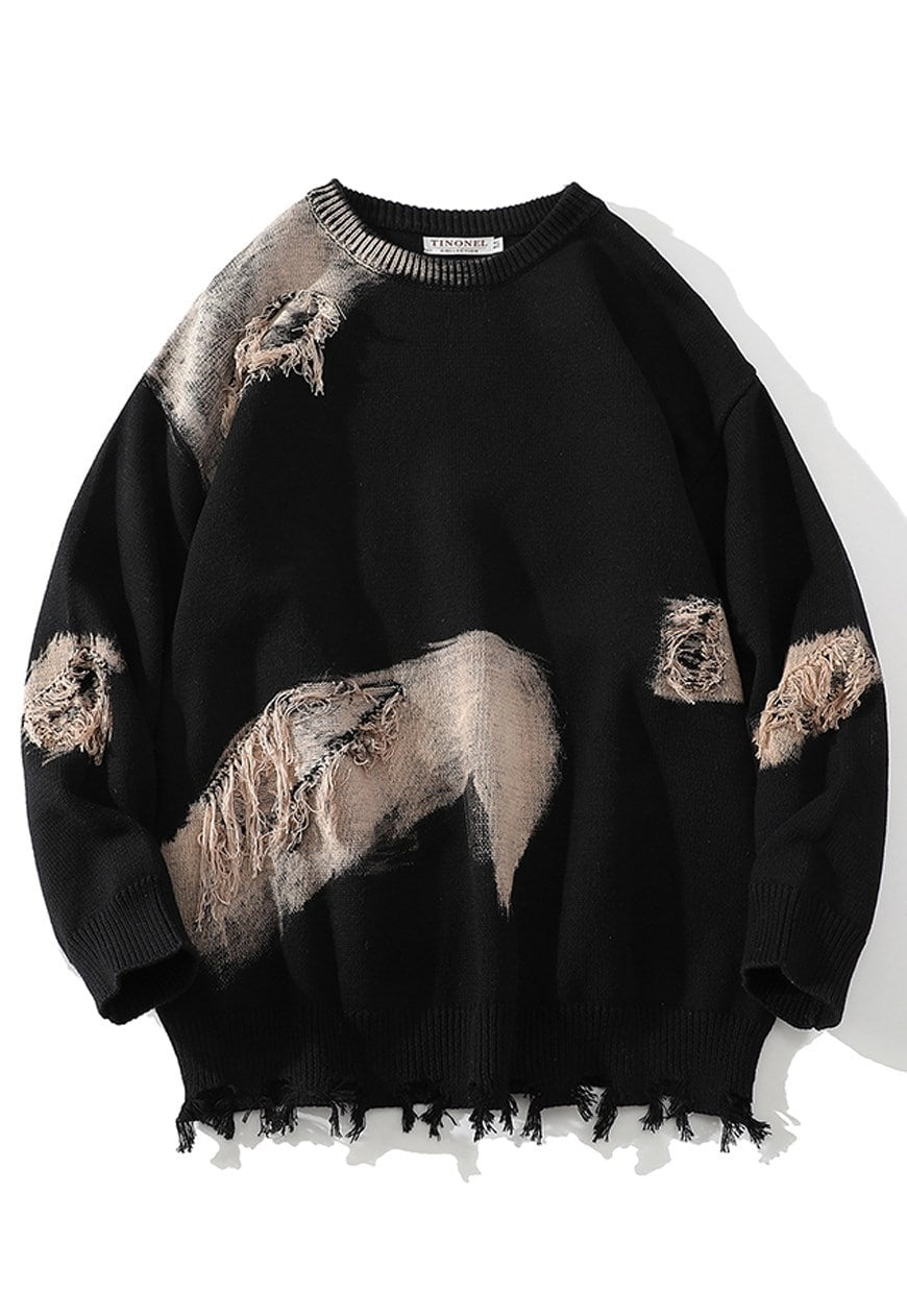 Distressed sweater black ripped knitted gradient rocker top