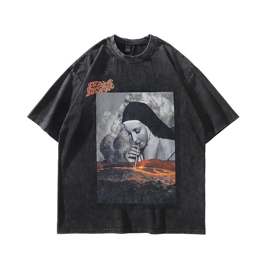 Nun print t-shirt sucker slogan tee grunge raver top in vintage grey