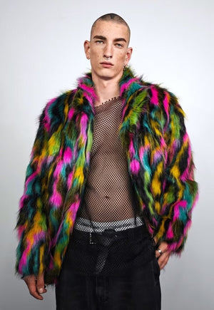 Rainbow faux fur coat parrot fuzzy jacket raised neck trench