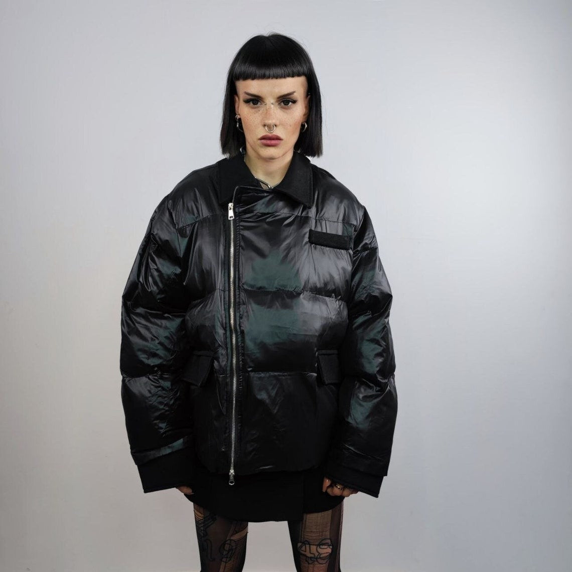 Asymmetric bomber jacket collared puffer quilted high fashion Gothic coat unusual grunge padded aviator jacket in solid shiny black