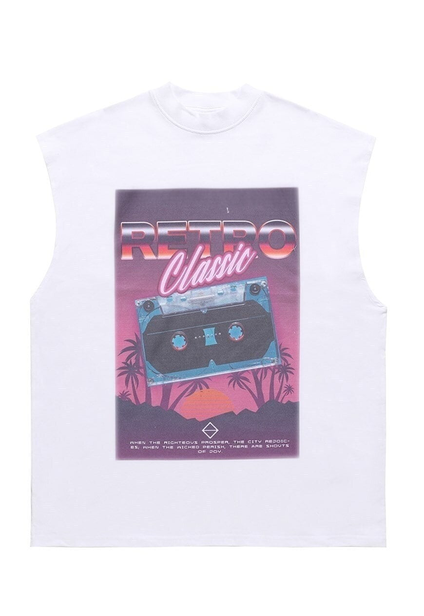 Cassette print sleeveless t-shirt retro tank top surfer vest