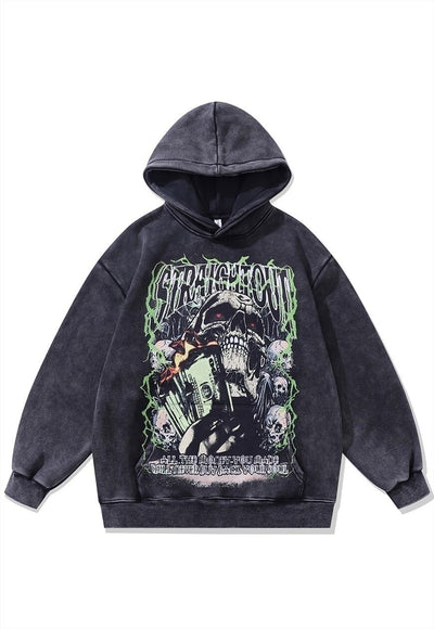 Skull print hoodie skeleton print vintage wash pullover grey