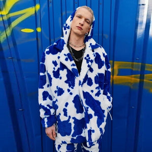 Cow fleece coat handmade 2 in1 animal print jacket in blue