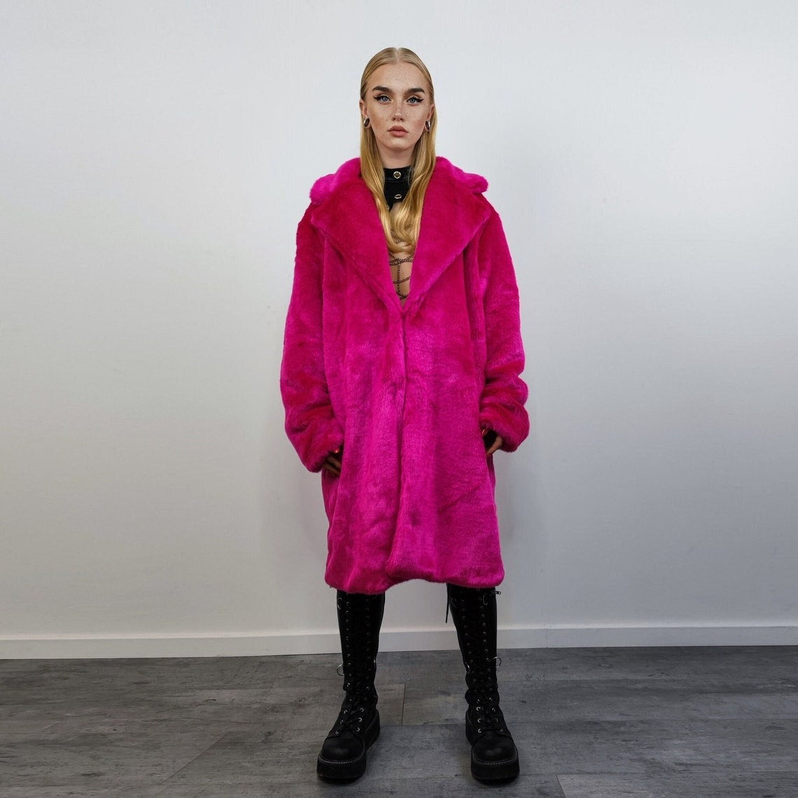 Neon faux fur longline coat shaggy trench bright raver bomber fluffy winter fleece festival jacket burning man coat in fuchsia pink