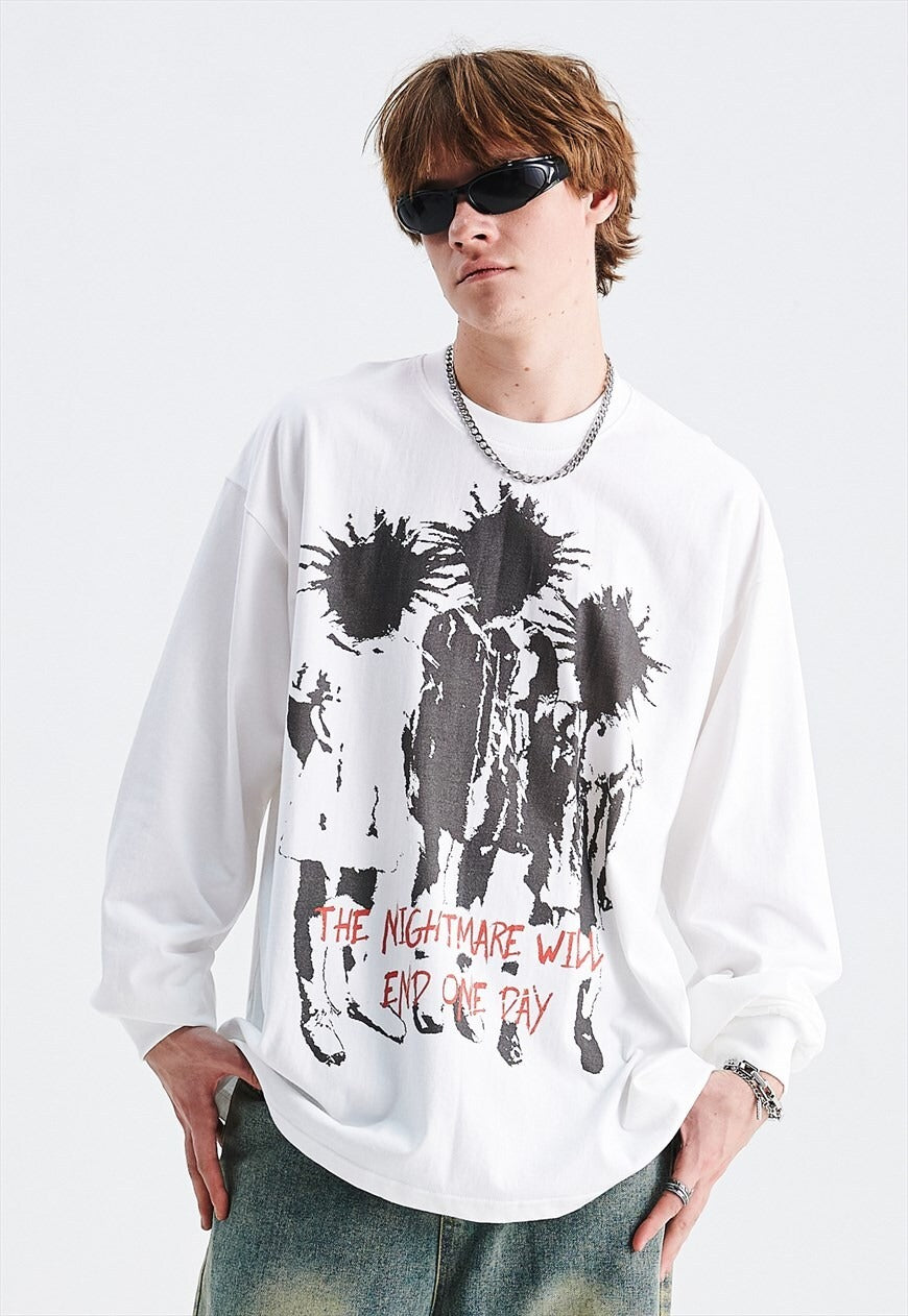 Punk cartoon t-shirt long sleeve tee grunge mohawk top white