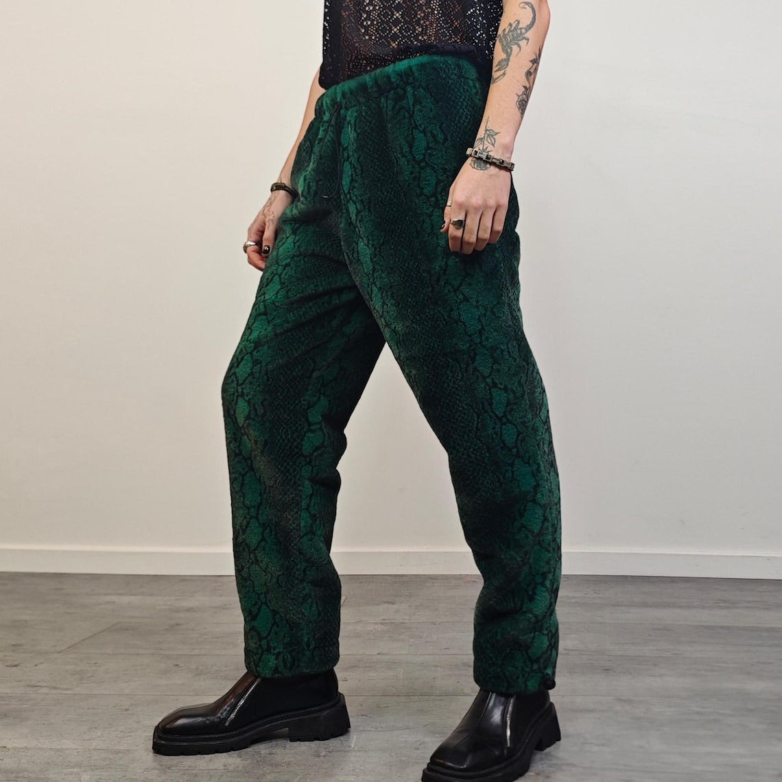 Snake faux fur joggers green python trousers crocodile pants rave fluffy overalls festival bottoms burning man fleece set