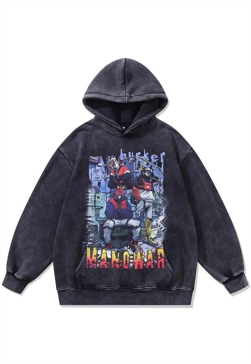 Anime hoodie vintage wash pullover Japanese cartoon jumper