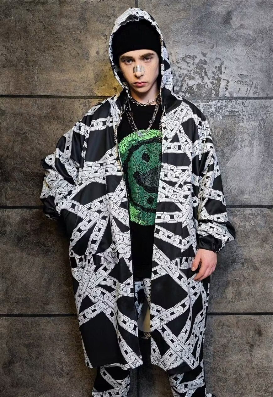 Chain print jacket handmade barbered wire windbreaker black
