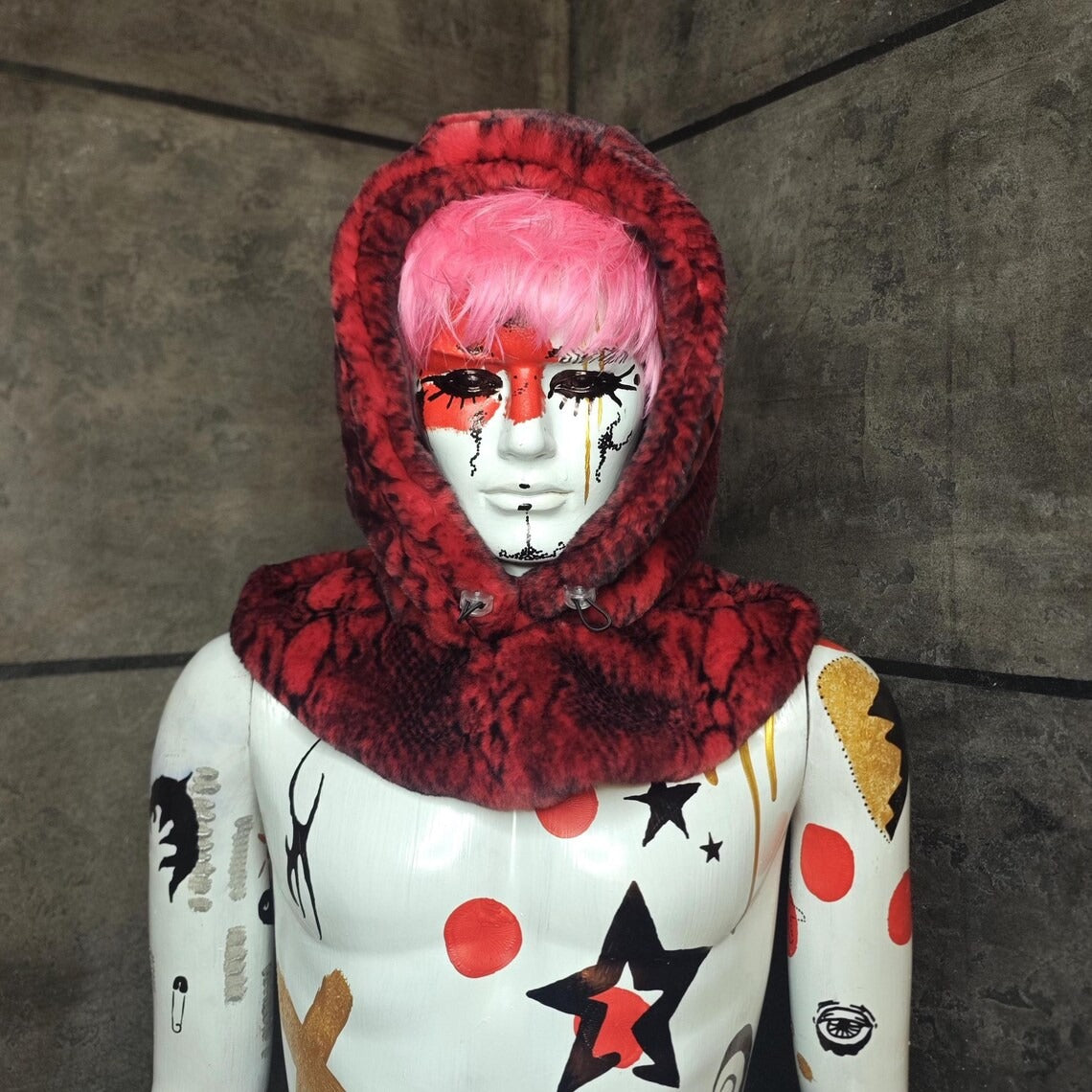 Snake print hood red faux fur snood handmade hooded hat python cap allover fluffy fleece scarf unisex bucket grunge winter festival headwear