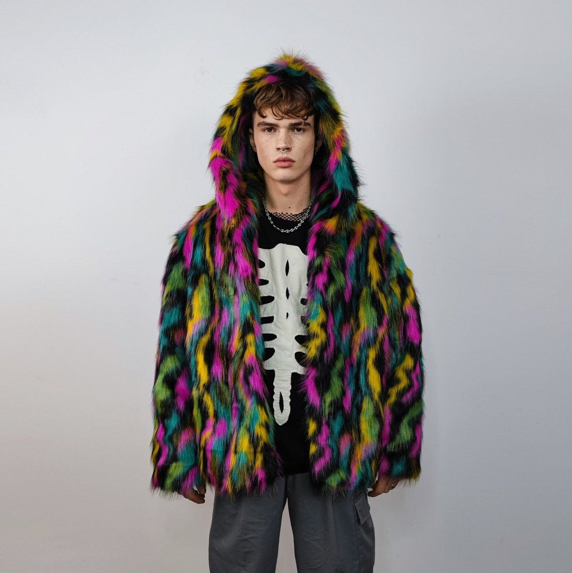 Hooded faux fur striped neon jacket zebra bomber raver puffer fluffy tie-dye fleece festival trench burning man going out overcoat in black