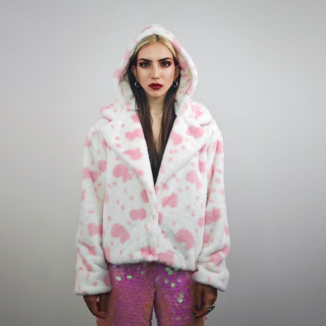 Cropped cow print coat pink white fleece trench animal print jacket detachable sleeves handmade spot pattern party overcoat festival set