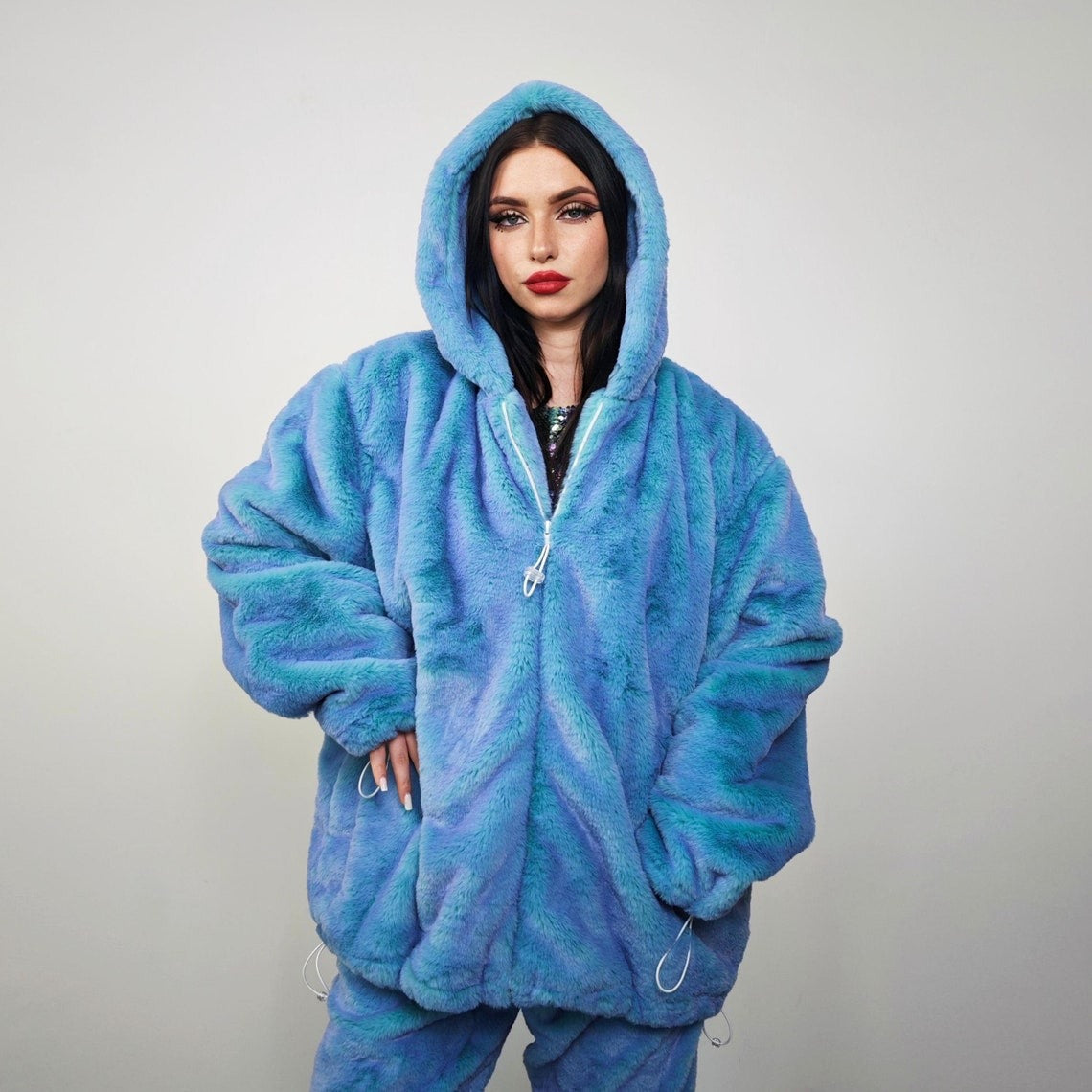 Chameleon faux fur jacket blue luminous fleece color changing bomber psychedelic pullover detachable sleeves handmade rave festival overcoat