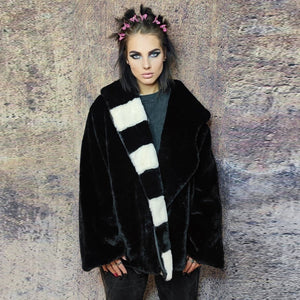 Faux fur coat fluffy trench jacket stripe bomber in black