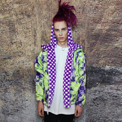 Acid Check hood jacket reversible fluffy fleece chess bomber