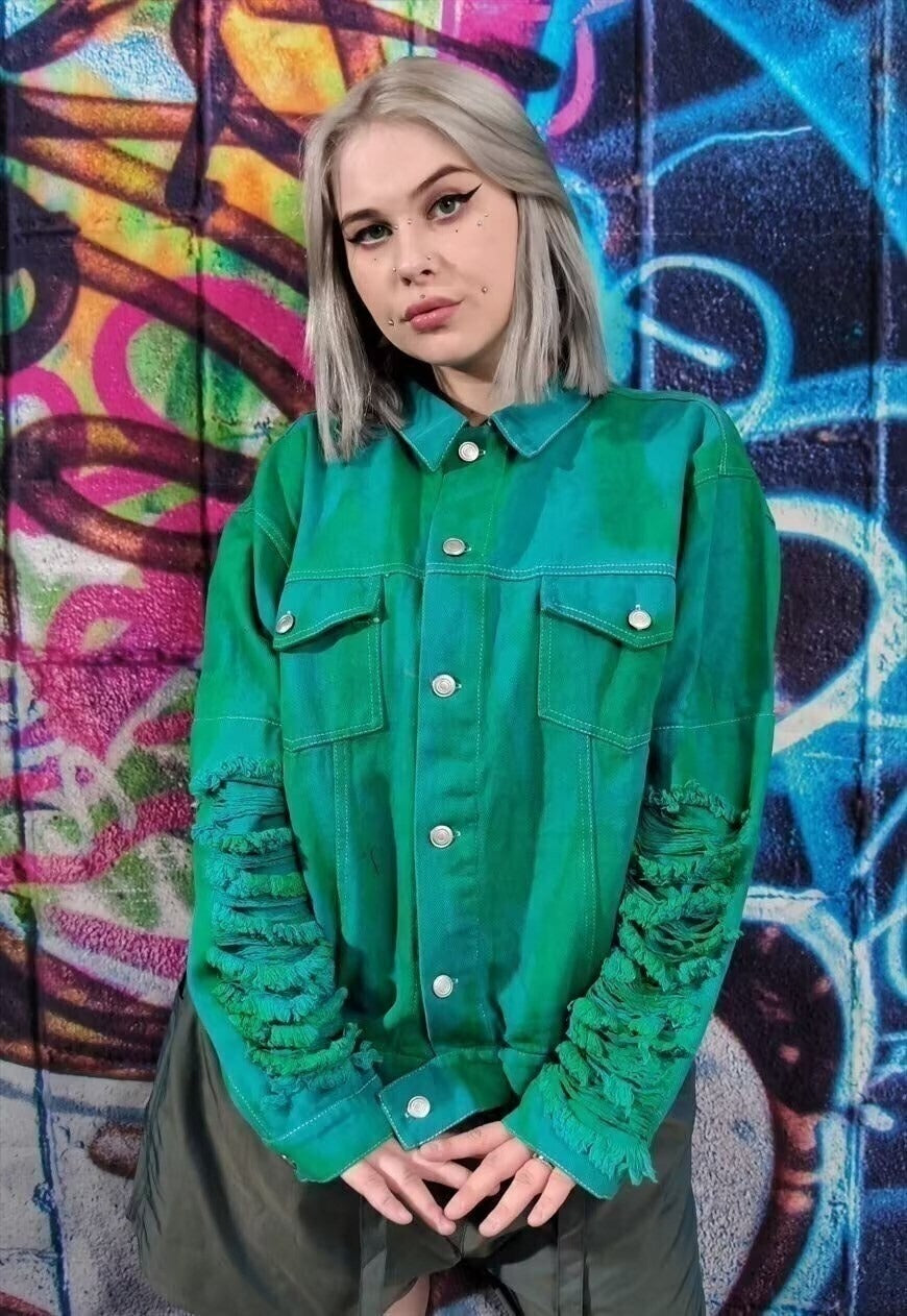 Tie-dye ripped denim jacket jean coat in fluorescent green