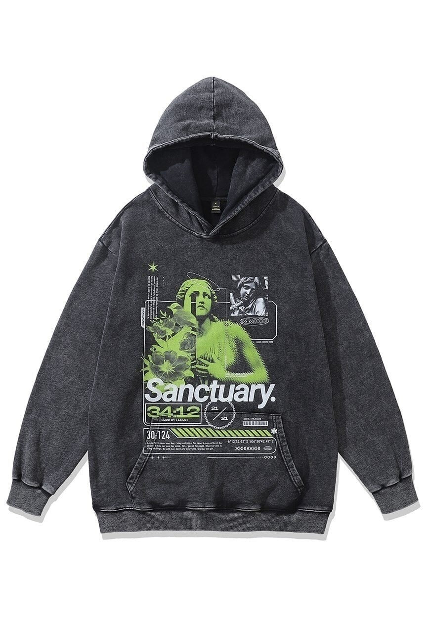 Saint print hoodie punk pullover grunge top in acid grey