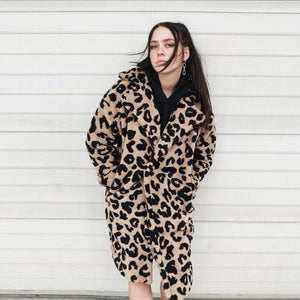 Leopard fleece coat in brown faux fur animal print jacket