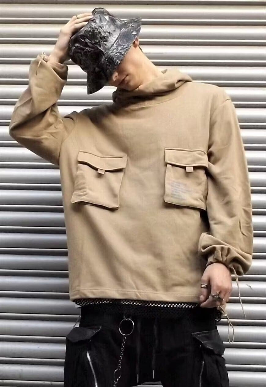 Oversize cargo pocket jumper high neck slogan hoodie cream