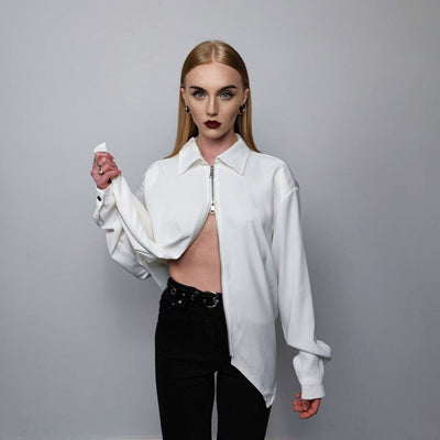 Zip up utility shirt long sleeve going out blouse high fashion top gorpcore jumper silky fancy dress sweatshirt loose sweat in white