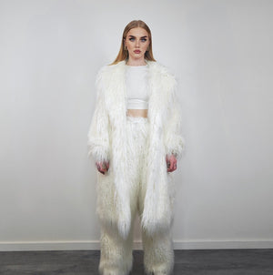 White shaggy fur coat longline hairy trench long hair overcoat fuzzy rave bomber festival jacket acid Burning man customizable peacoat