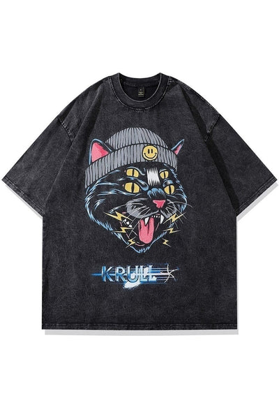 Cat print t-shirt punk top grunge tee retro punk top in grey